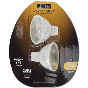 2 світлодіодні лампи LETHE SMD 5Вт = 30Вт теплий білий GU5.3