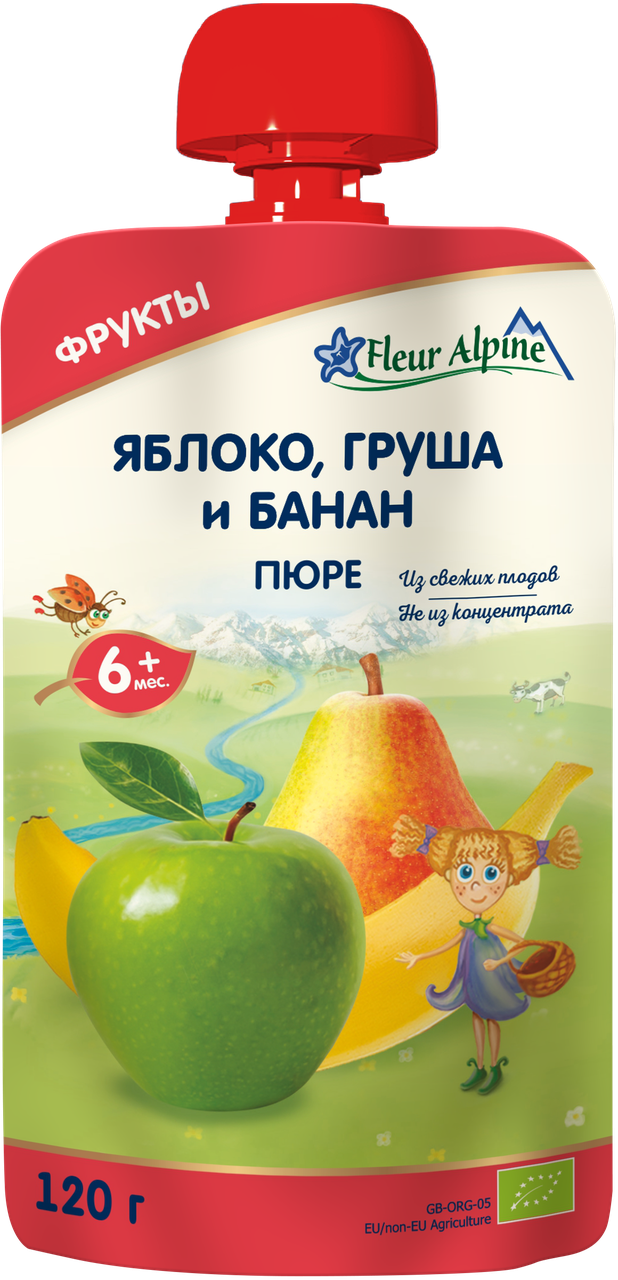 Пюре пауч Яблуко, груша, банан Флер Альпін, 120г, фото 1