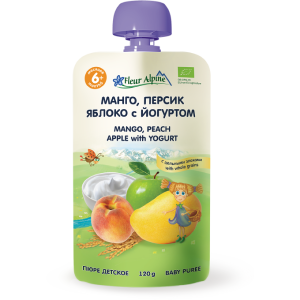 Пюре пауч Яблуко-Манго-Персик з йогуртом Флер Альпін, 90г термін 26.09.2023, фото 1