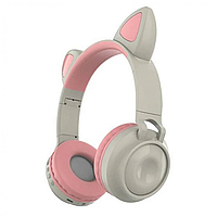Беспроводные MP3 Наушники с Ушками с подсветкой + FM-Радио + MicroSD с микрофоном Cat Ear ZW-028 Серо-Розовый