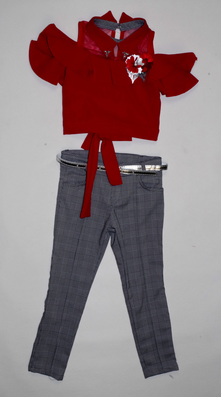 Костюм (блузка и брюки) школьный для девочки Сuento Красный с серым 116 - фото 1 - id-p1443234263