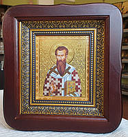 Икона Святой Василий Великий в фигурном киоте под стеклом, размер киота 20×18 размер лика 10×12