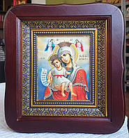 Ікона Богородиця Достойно Є в фігурному кіоті, розмір 20 × 18, розмір ліку 10 × 12, асортимент божичних