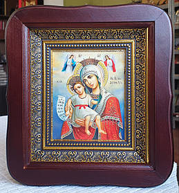 Ікона Богородиця Достойно Є в фігурному кіоті, розмір 20 × 18, розмір ліку 10 × 12, асортимент божичних