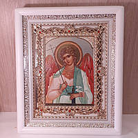 Икона Ангел Хранитель святой, лик 15х18 см, в белом киоте с камнями