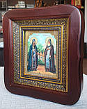 Ікона преподобних Зосима та Саватія в фігурному кіоті під склом, розмір кіота 20×18, розмір ліка 10×12., фото 2