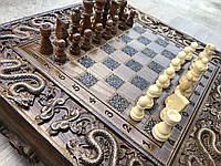 Набор шахматы, шашки, нарды (3 в 1) резные из натурального дерева ясеня ЧПУ "Дракон"