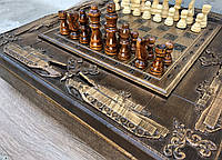 Набір шахи, шашки, нарди (3 в 1) різьблені з натурального дерева ясена ЧПУ "Танки"