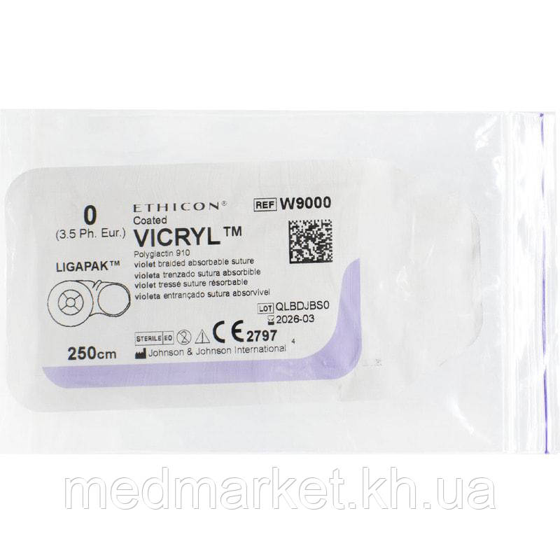 Шовний матеріал Вікіл (Vicryl) 0 довжина 250 см котушка Ligapak без голки W9000