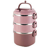 Ланч бокс обідній потрійний Kamille KM-2137RZ 2400мл Рожевий Потрійний контейнер для ланчу Ланч бокс для їжі, фото 7
