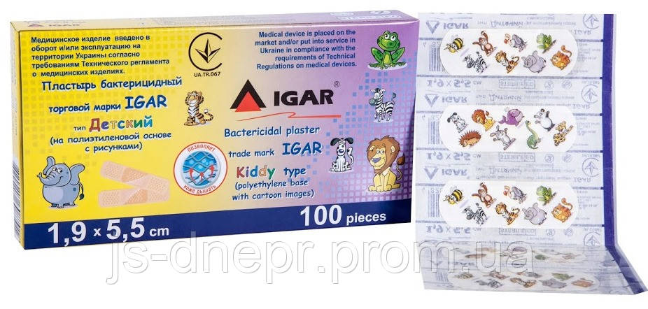 Пластир бактерицидний IGAR Дитячий (на поліетиленовій основі з малюнками) 1.9 × 5,5 см 100 шт.