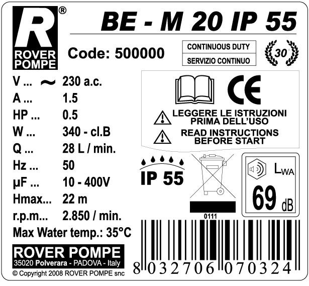 Насос Rover Pompe BE-M 20 IP55 - фото 4 - id-p17985737