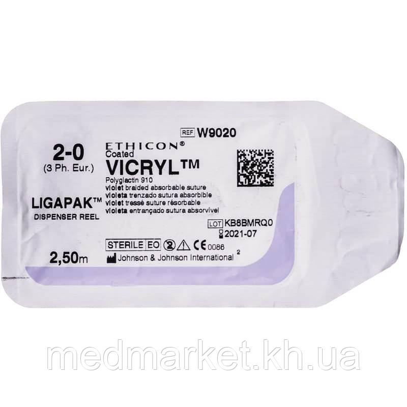 Шовний матеріал Вікіл (Vicryl) 2/0 довжина 250 см котушка Ligapak без голки W9020