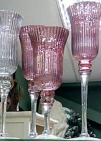 Набір новорічних скляних підсвічників з 3х шт ( рожевий з сріблом)