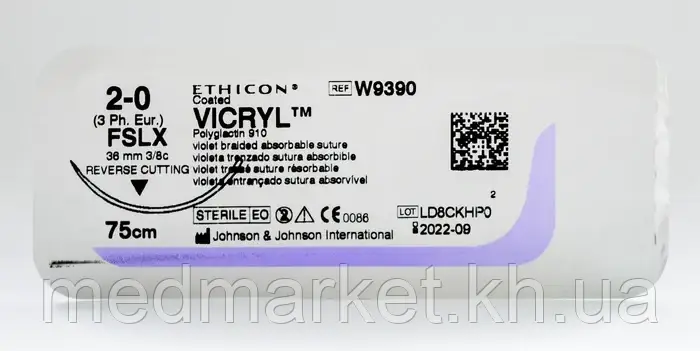 Шовний матеріал Вікіл (Vicryl) 2/0 довжина 75 см обр-різальна голка 36 мм 3/8 окружності W9390