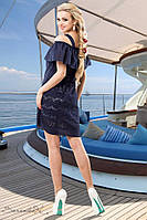 Синее стильное летнее платье с открытыми плечами, рS-M/ L-XL/ XXL