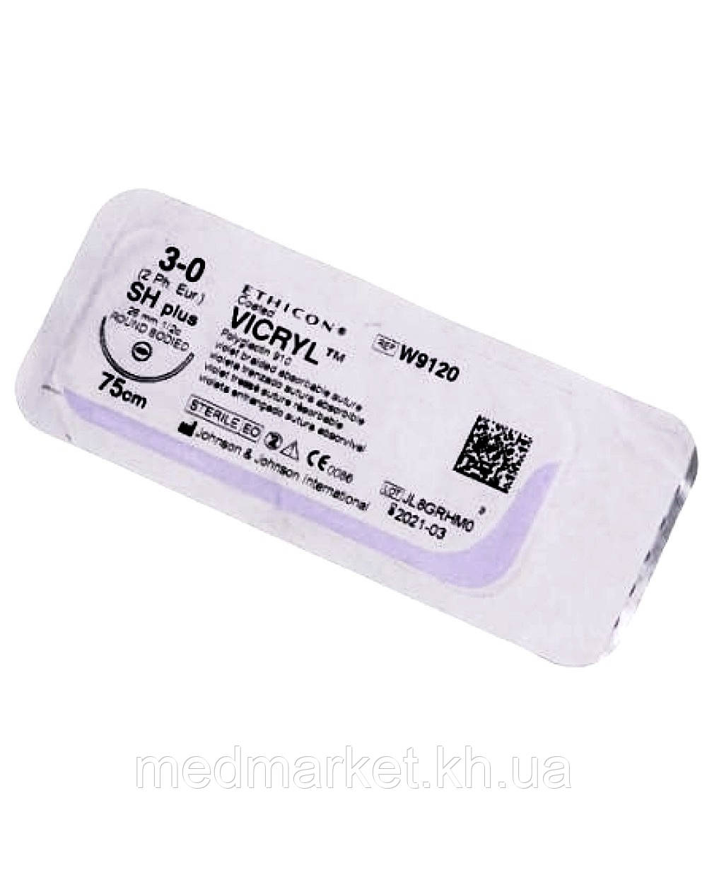 Шовний матеріал Вікіл (Vicryl) 3/0 довжина 75 см колюча голка 26 мм 1/2 окружності W9120
