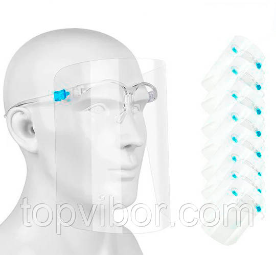 Упаковка захисних медичних масок-щитків (20 шт/уп.) на лицо с креплением по типу очков (щиток захисний), фото 1
