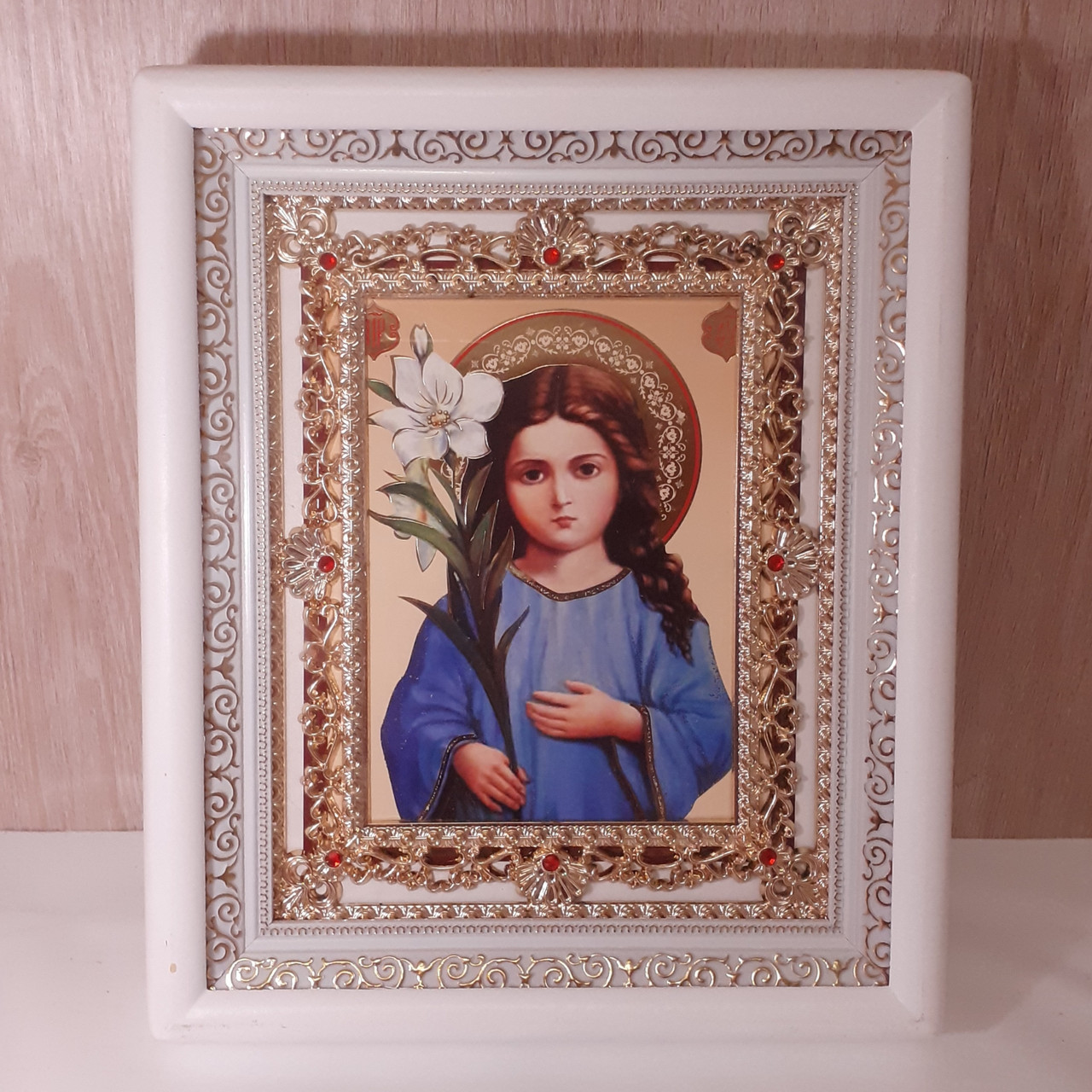 Ікона Трилітствуюча Божої Матері, лик 15х18 см, в білому кіоті з камінням, фото 1
