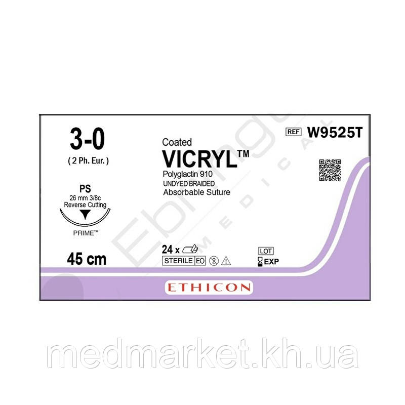 Шовний матеріал Вікріл (Vicryl) 3/0 довжина 45 см обр-реж. голка 26 мм Prime 3/8 окружності W9525T
