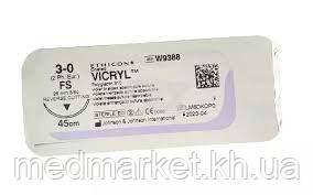 Шовний матеріал Вікіл (Vicryl) 3/0 довжина 45 см обр-реж. голка 26 мм 3/8 окружності W9388