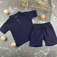 Муслиновый летний костюм muslin cotton BEWARM детский шорты + футболка Темно-синий 116-122