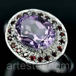 Срібне кільце з аметистом і гранатом 17p, фото 1