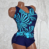 Великий розмір 66. Синій суцільний жіночий купальник із відкритою спиною, з чашкою