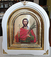 Икона Святой Иоанн Сочавський белом арочном киоте с декоративными уголочками, размер киота 28*25, сюжет 15*18