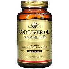 Олія печінки тріски SOLGAR "Cod Liver Oil" з вітамінами А і D (250 гелевих капсул)