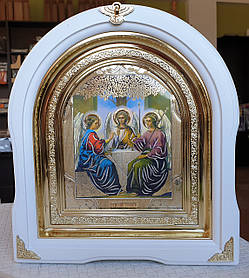 Ікона Свята Трійця в білому арковому кіоті з декоративними куточками, розмір кіота 28×25, розмір ліку 15*18