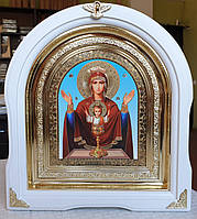 Икона Богородица Неупиваемая Чаша Богородица в белом арочном киоте под стеклом , размер 28*25, сюжет 15*18.