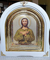 Ікона свята Алексія людинанева в білому арковому кіоті з декоративними кінчиками, розмір кіота 28×25, лік 15 × 18