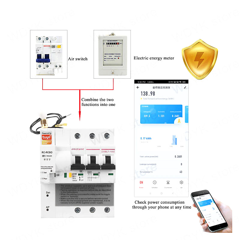 Автоматический выключатель WiFi + счётчик умный автомат защиты E-Link TUYA 3P, 3-полюса 380В 100А, App TUYA - фото 2 - id-p1441369227