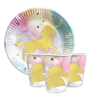 Набор для детского дня рождения "Единорог золото" Тарелки, стаканы, по 10 шт.