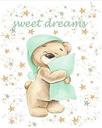 Панель з сатину для дитячого пледа "Ведмедик із салатовою подушкою" 80*100 см