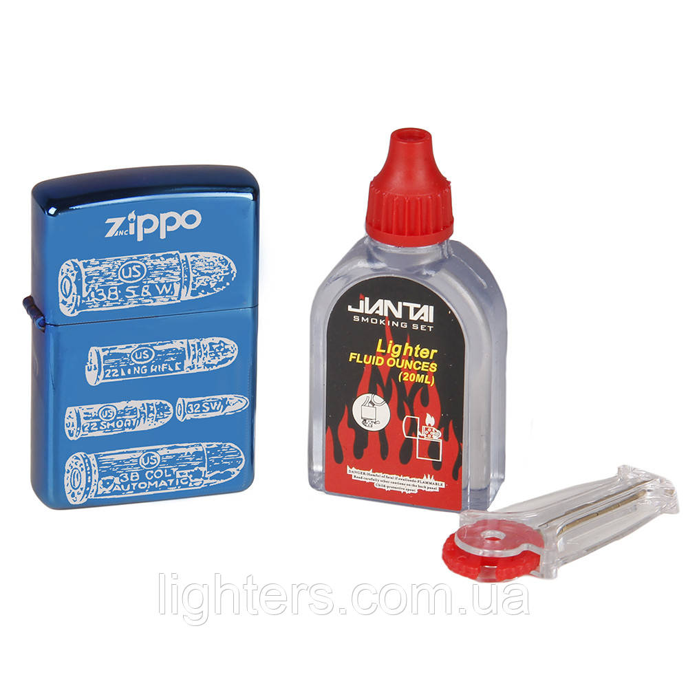 Подарунковий набір з бензиновою запальничкою синьої "Кулі", кременем та бензинчиком, фото 1