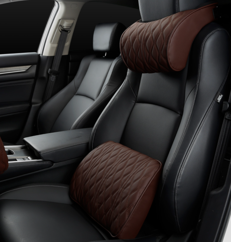 Ортопедична автомобільна подушка CAR X (набір) під поперек і на підголовник автомобіль Шкіра Коричневий, фото 1