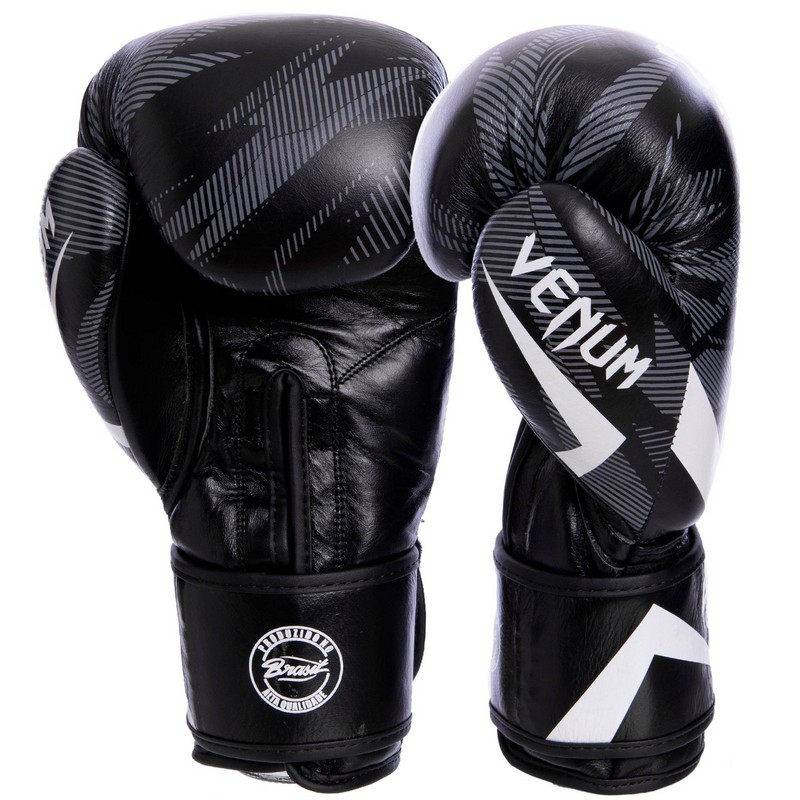 Перчатки боксерские кожаные на липучке VENUM IMPACT VL-2038 (р-р 10oz, черный) - фото 2 - id-p1444333965