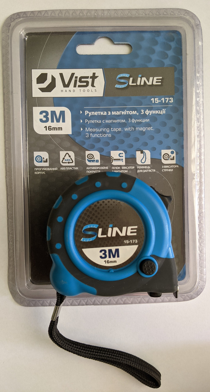 Рулетка 3м 16мм S-Line 15-173 з магнітом прогумований корпус 3 функції строительная будівельна, фото 1