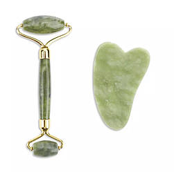 Роликовий масажер для обличчя + скребок ГуаШа з обсидіану JADE ROLLER, зелений