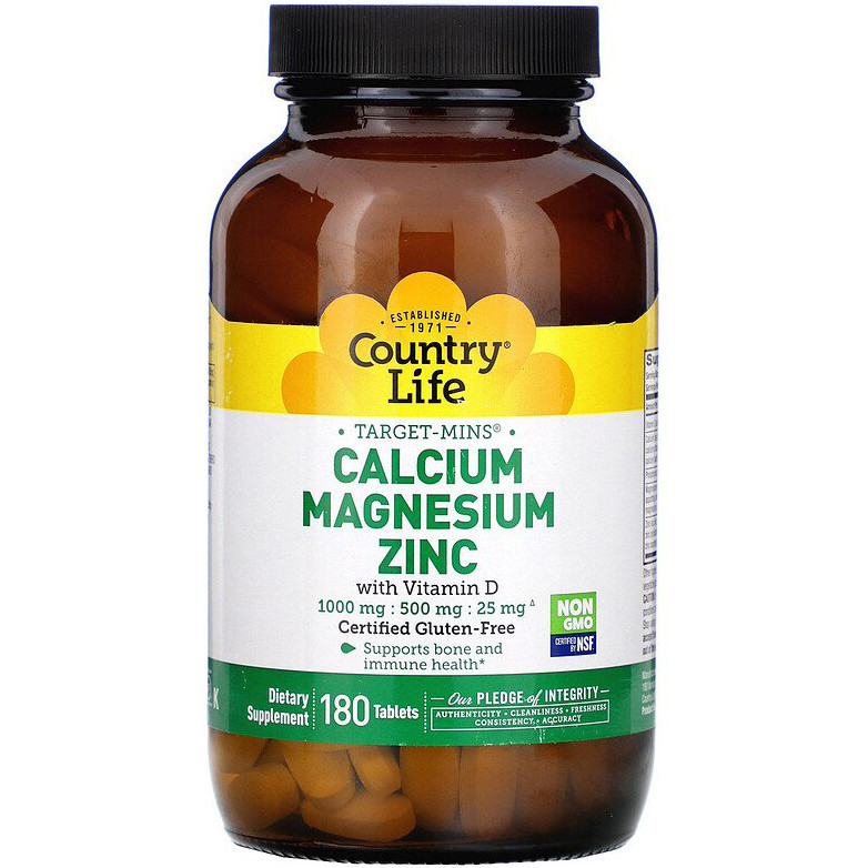 Кальцій, Магній, Цинк Country Life "Calcium Magnesium Zinc" 1000 мг / 500 мг / 25 мг (180 таблеток)