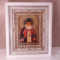 Икона Лука святитель, исповедник, архиепископ Красноярский и Крымский, лик 15х18 см, в белом киоте с камнями