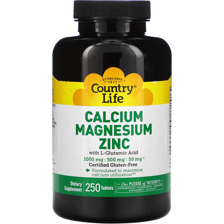 Кальцій, Магній, Цинк Country Life "Calcium Magnesium Zinc" з L-Глутамінової кислотою (250 таблеток)