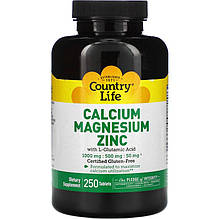 Кальцій, Магній, Цинк Country Life "Calcium Magnesium Zinc" з L-Глутаміновою кислотою (250 таблеток)