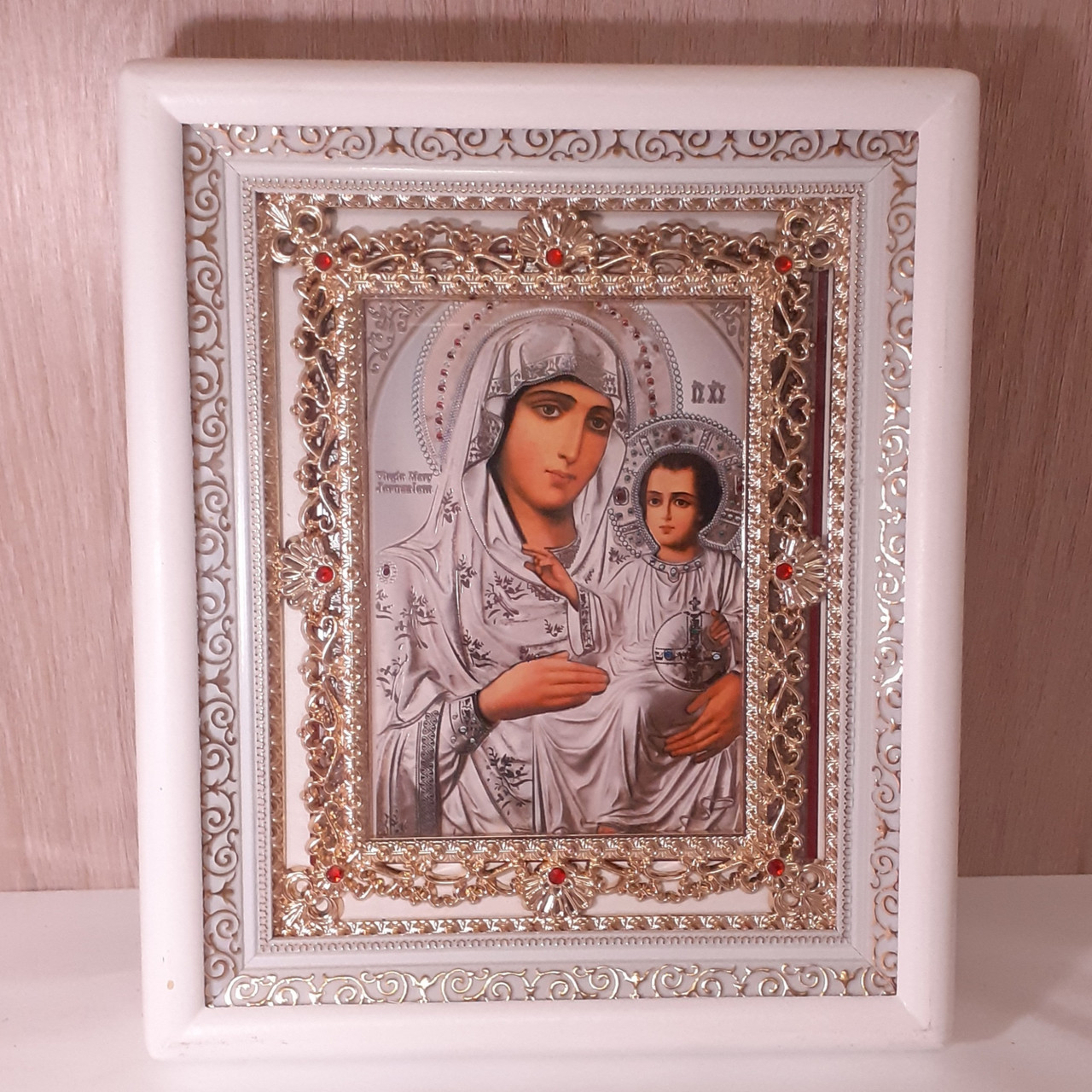 Ікона Єрусалимська Пресвята Богородиця, лик 15х18 см, в білому кіоті з камінням, фото 1