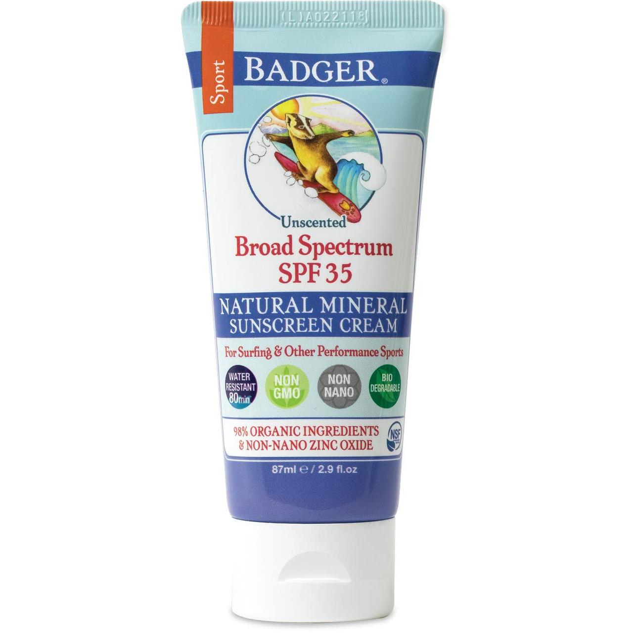 Badger Sport SPF 35 Sunscreen Натуральний мінеральний стійкий сонцезахисний крем, 87 мл