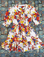 Літнє БІЛЕ плаття для дівчинки квітковий принт з рюшем 134,140,146,152 см квіти на білому креп-шифон