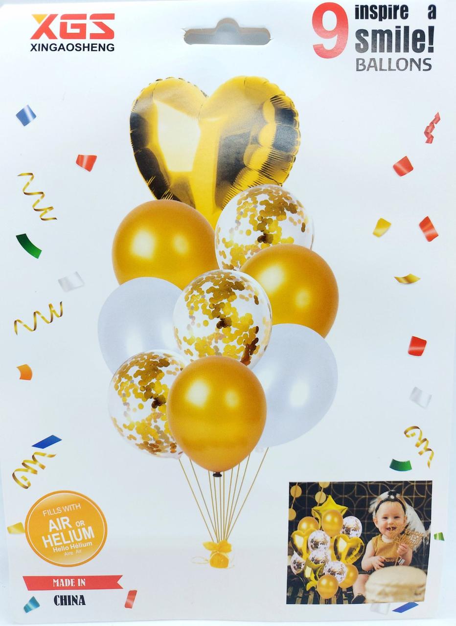 Набор воздушных шаров латексных с конфетти и фольгированным сердцем "золото" 9шт - фото 1 - id-p1444700243