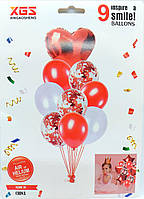 Набор воздушных шаров латексных с конфетти и фольгированным сердцем "красный" 9шт